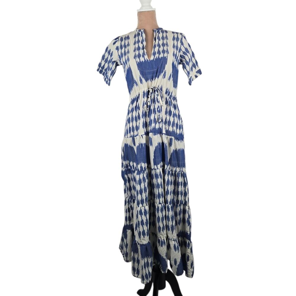 Kleed Bikaner Ikat Print Maxi Dress Blue White Size S/M